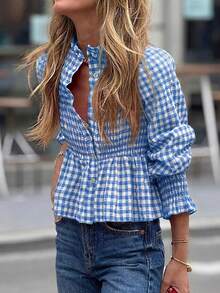 Camisa a cuadros con volantes en el bajo, estilo casual y retro para mujer, primavera/verano - Azul cielo - Ver 5