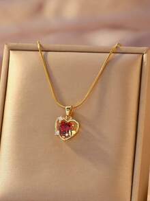 1pc Gold-Plated Necklace, Hollow Heart Pendant, Teardrop Cut, Inlaid With Ruby, Emerald, Sapphire, Pink Cubic Zirconia, Delicate O-Shape Chain, Suitable For Women's Daily Wear, Birthday Party, Valentine's Day, Wedding, Mother's Day, Engagement - Multicolor - View 6