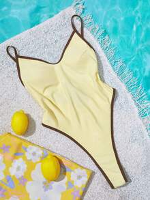 女士复古露背比基尼连体泳衣，黄棕色，适合外出、健身、春假、Y2K风格、街头、度假、音乐节、泳池派对、嘉年华、2026夏季女士沙滩装 - 黃色 - 查看 8