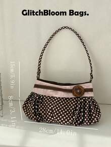 复古波点褶皱单肩包，Y2K风格云朵装饰搭扣斜挎包，女士休闲日常邮差包 - 棕色 - 查看 9