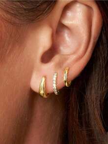 6pcs Dainty Cubic Zirconia Ear Stud & Huggie Hoop Earrings, Copper Allergy-Friendly Stackable Earrings, Cute Earrings Set For Women And Girls Sparkling Copper Allergy-Friendly Stackable Cool Versatile Jewelry, Lightweight Anti-Tarnish Non-Piercing Accessory, Ideal For Daily School Vacation Party Outfit Matching, Birthday Graduation Gift For Girls, Casual Ear Set - 彩色 - 查看 2