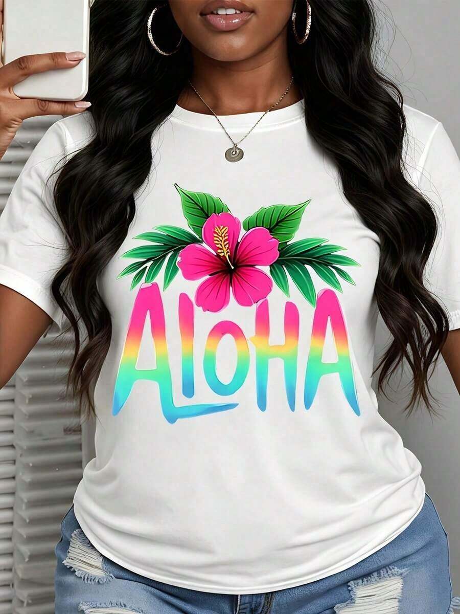 Aloha Summer Festival Women Plus Size Short Sleeve T Shirt Tropical Flower And Rainbow Text Design Beach Vacation Party Wear - 白色 - 查看 1