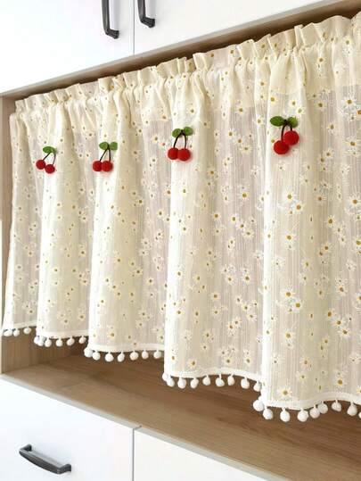 1pc French Country Style Daisy Short Curtain, Decorative Sheer Curtain For Kitchen, Cabinet, Porch, Living Room Home Decor (4 Cherry Pendants Included)