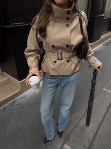 女士纯色前扣口袋腰带优雅通勤街头风风衣，秋冬春季 - 卡其色 - 查看 2
