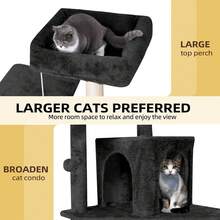 Cat Tree 54-Inch Cat Tower With Padded Plush Perch 2 Comfy Caves, Scratching Posts, Basket, 2 Pompoms, Multi-Level Plush Cat Condo For Indoor Cats Kittens, Black - Black - View 2