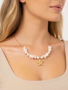 1件时尚金色海星贝壳吊坠项链，奢华海滨风格甜美仿珍珠吊坠首饰 - 彩色 - 查看 1