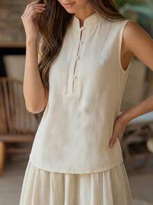 Women's New Solid Color Half-Open Mushroom Button Chinese Style Elegant Casual Versatile Slouchy Vest, All-Match Sleeveless Top For Home & Office, Summer - Apricot - View 2