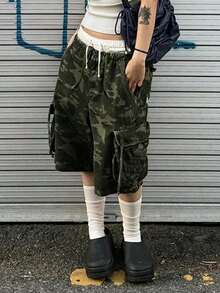 Women's Camouflage Drawstring Waist Capri Jeans - Women's Summer Clothing Casual - Army Green - View 5
