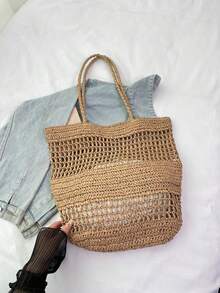 新款刺绣字母镂空草编手提包，女士大容量手工编织单肩包，水桶篮手提包，夏季 - 卡其色 - 查看 9