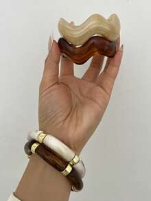 4件套复古简约棕色波浪纹亚克力树脂材质手镯套装，弹性开口手镯，适合日常佩戴、叠戴、送礼 - 多色11 - 查看 4