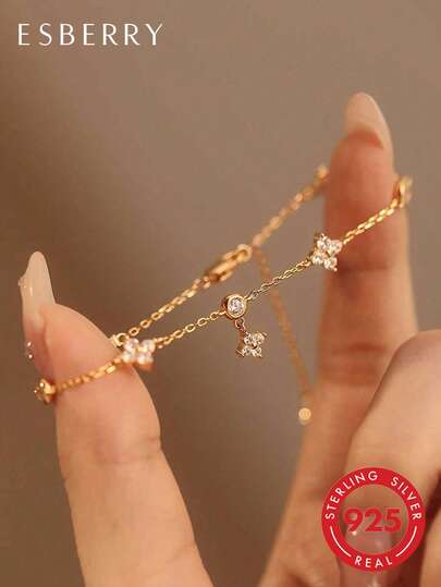 ESBERRY 1pc 925 Sterling Silver Elegant Versatile Four-Leaf Clover Bracelet, Suitable For Women's Daily Wear, Also Suitable For Valentine's Day, Birthday, Party And Daily Wear