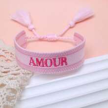 1 pieza Brazalete vintage hecho a mano con bordado francés "AMOUR" y trenzado creativo, adecuado para parejas, regalo para ocasiones especiales - Rosa Pálido - Ver 5