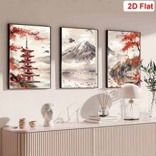 3幅日式风景帆布墙画装饰画 - 复古风景油画和红庙无框高清海报,适用于卧室、客厅、家庭办公室装饰 - 日本風景畫 - 查看 5