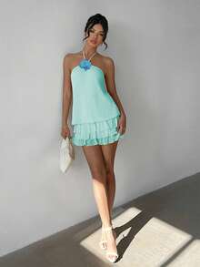 女士浅蓝色低腰超短性感3D立体花卉吊带露背荷叶边迷你连衣裙，优雅时尚，适合日常通勤、派对、嘉年华、情人节、新年、海滩度假等夏季场合。 - 淺藍色 - 查看 9