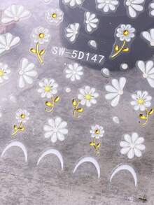 SWEET TREND 5D白色雏菊浮雕美甲贴纸2片装，金色叶子雏菊花瓣法式线条春夏花卉印花DIY全息优雅浪漫时尚自粘凝胶指甲油贴片婚礼沙龙美甲贴片美甲装饰 - 彩色 - 查看 7
