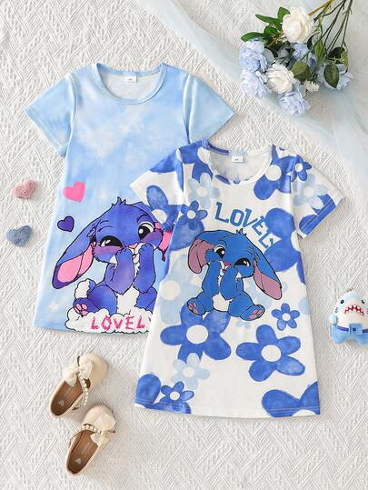2pcs/Set Cute Girls' Summer Dress, Blue Round Neck Short Sleeve, Cartoon & Floral Print Pattern, Casual Fashionable Minimalist Girls' Dress, Suitable For Daily, Outdoor, Vacation, Home Wear