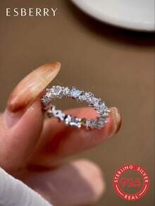 ESBERRY 璀璨夺目的不对称几何订婚戒指/结婚戒指，采用S925纯银打造，亦可作为承诺戒指/永恒戒指，精美珠宝礼品/新娘珠宝 - 銀色 - 查看 1