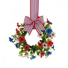 4th Of July Mini Wreaths Decorative Bow Fake Flower Red White And Blue Small Cabinet Wreaths For Home Decor - Green - View 5
