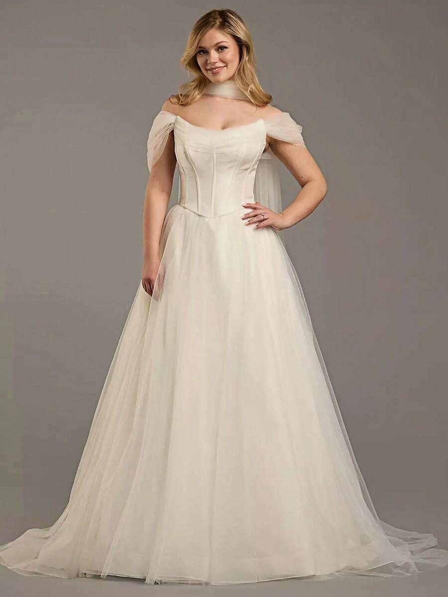 Off Shoulder Corset Tulle Wedding Dress, Retro Elegant Timeless Bridal Gown, Wedding Dresses For Bride, Elegant And Comfortable, Suitable For Wedding, Party, Vacation, Bride, Formal Occasions, Dinner Dress, Prom Dress, After-Party Dress, Homecoming Dress, Cocktail Party, Birthday Party - trắng - Xem 1