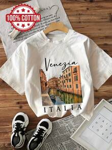 Summer Tops For Women, Artistic Pattern, Text "Venezia ITALIA", Printed Short-Sleeved Crew Neck T-Shirt Made Of Pure Cotton, Y2K, T-Shirt, Koningsdag - White - View 6