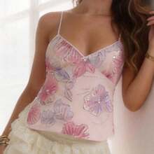 Women Y2K Sequin Floral Cami Top - Spaghetti Strap V Neck Fitted Crop Top - 粉色 - 查看 3