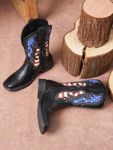 SHOESMALL Men's Black Cowboy Boots Western Boots Side Zipper American Flag Retro Square Toe Mid-Calf Boots For Men - 黑色 - 查看 7
