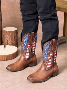 SHOESMALL Men's Brown Cowboy Boots Western Boots Side Zipper American Flag Retro Square Toe Mid-Calf Boots For Men - màu nâu - Xem 2