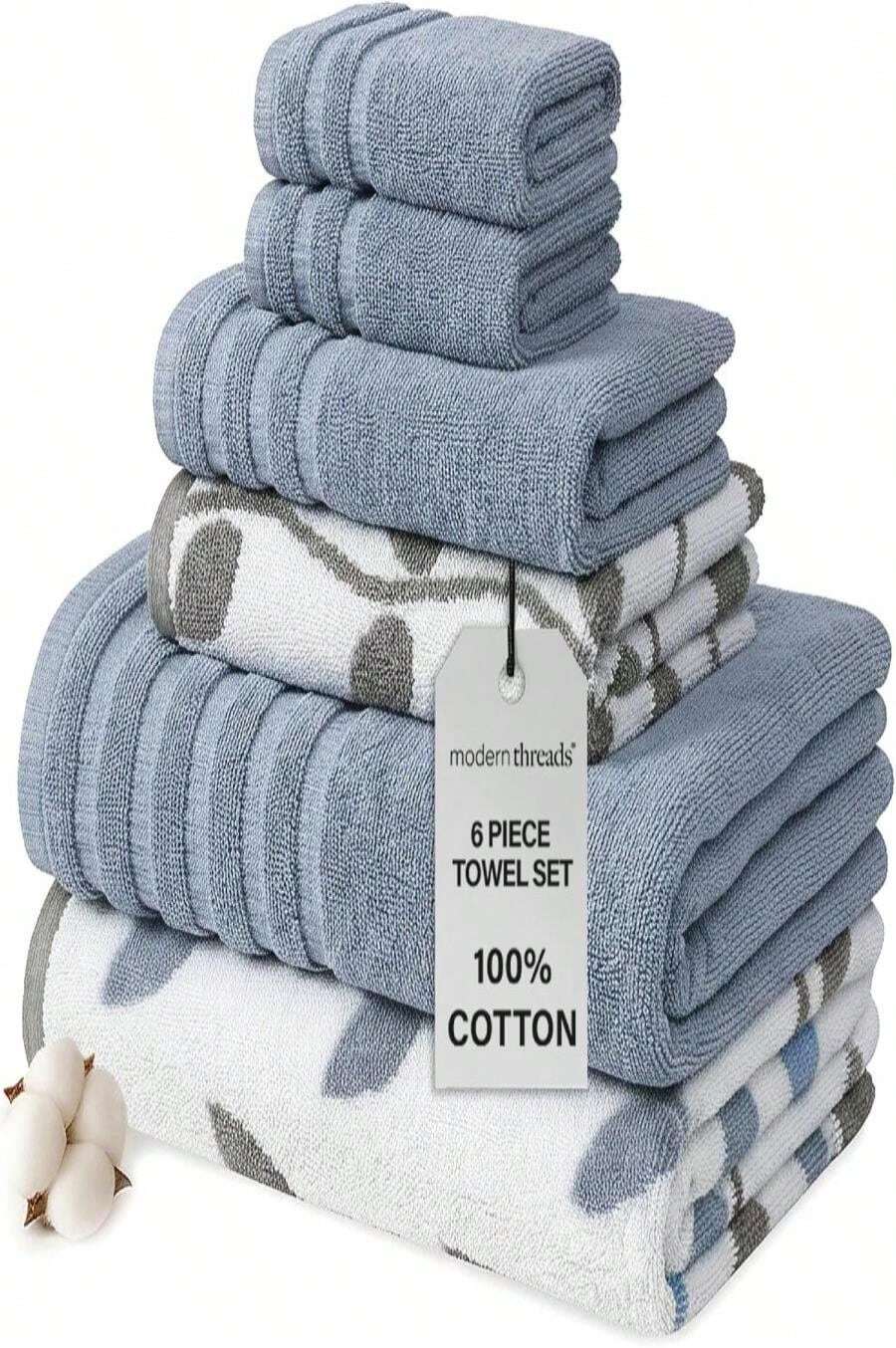 Modern Threads Natural Vine 6-Piece 100% Cotton Towel Set U2013 Yarn Dyed Jacquard U2013 Includes 2 Bath Towels, 2 Hand Towels, 2 Washcloths U2013 Absorbent, Quick Dry, Soft &Amp; Durable U2013 Blue - Blue - View 1