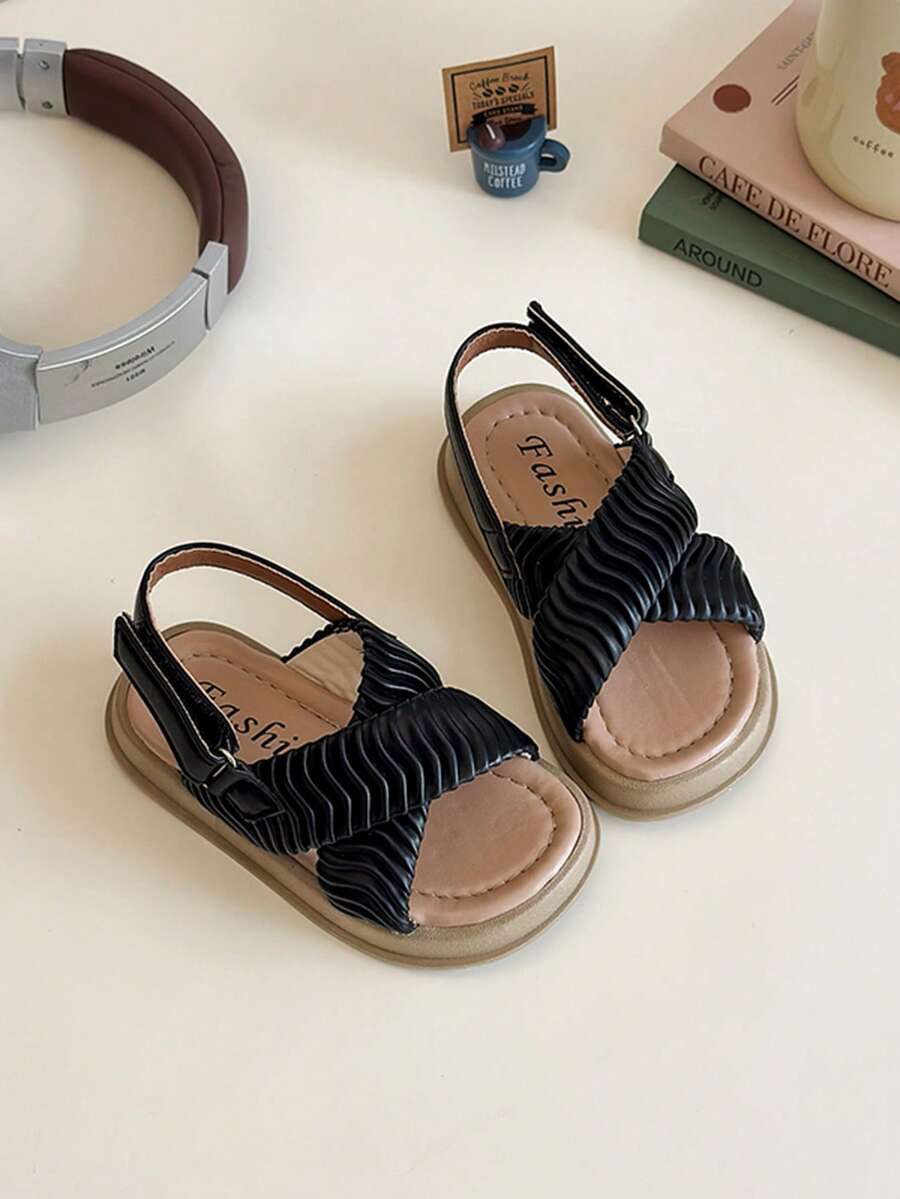 1 đôi dép xăng đan cho bé gái, kiểu dáng tối giản, đa năng, đế mềm, thích hợp cho hoạt động ngoài trời, kiểu công chúa, hở mũi, đế dày, quai chéo, đế bằng kiểu Pháp. - màu đen - Xem 1