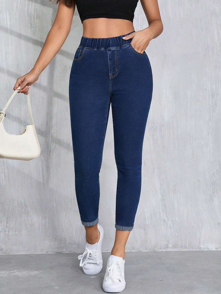 Quần jeans skinny cạp cao co giãn, thích hợp cho kỳ nghỉ, mặc hàng ngày, công sở, quần dài cạp chun màu xanh đậm dành cho nữ, phong cách thường ngày mùa xuân/hè.