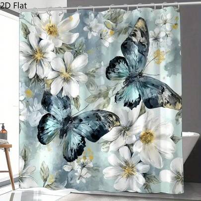 2D Flat Blue Floral Shower Curtain 1Pc, Elegant Butterfly & White Flower Design, Ideal Spring Theme For Home Decor, Includes Hooks, 70.87 X 70.87 Inches
