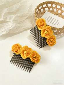 2pcs/Set Girls Realistic Floral Hair Comb, Cute Bun Maker, Hair Accessory For New Year, Wedding, Bridesmaid, Daily, Holiday, Party - Multicolor - View 4