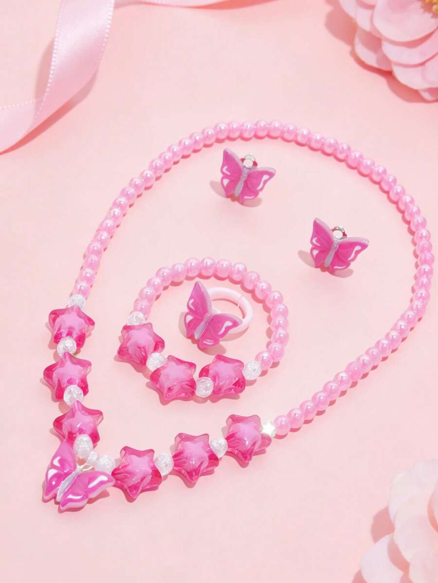 5pcs Girls Lovely Butterfly Pendant Necklace, Bracelet, Ring And Earrings Jewelry Set, Suitable For Girls Daily Wear And Gift - one-size - View 1