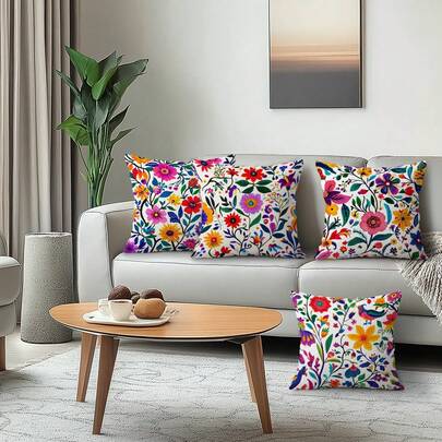 4pcs Mexican Colorful Floral Printed Velvet Pillow Covers, 100% Polyester, Living Room Sofa Bedroom Decor, 40x40cm/45x45cm/50x50cm, Without Pillow Insert