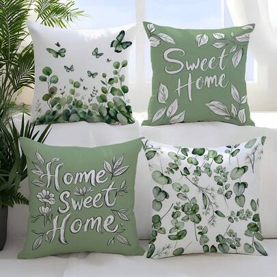 Bộ 4 vỏ gối in hình cây bạch đàn xanh chất lượng cao "Nhà là nơi ấm cúng", in một mặt, họa tiết lá cây và bướm vẽ màu nước, phù hợp với phong cách trang trí nhà mộc mạc, boho, nông trại, có thể giặt và bền, màu xanh lá cây và trắng trung tính, nâng tầm vẻ đẹp ấm cúng cho ngôi nhà, là món quà tân gia, sinh nhật hoàn hảo, gối trang trí lấy cảm hứng từ thiên nhiên, tạo không gian sống ấm áp và thoải mái, trang trí phòng ngủ theo phong cách nông trại.