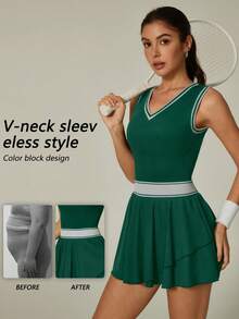 NcmRyu 1 chiếc đầm thể thao thời trang nữ cổ chữ V kẻ sọc phối màu tương phản - màu xanh lá - Xem 11