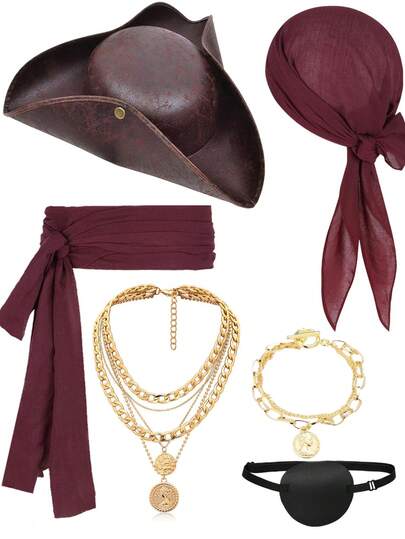 6 Pcs Pirate Costume Accessories Set For Women Men, Pirate Fancy Dress With Hat Bandana Head Scarf Sash Eye Patch Belt Necklace Bracelet For Cosplay Party