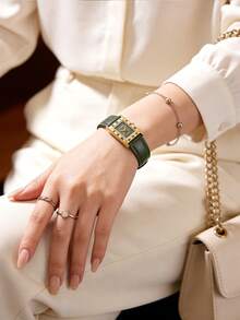 Vintage Fashionable Minimalist Casual Elegant Oval Case PU Leather Strap Women's Watch, Delicate Cute Small Dial Roman Numeral Display, Suitable For Daily Wear, Birthday Gift, Party, Ideal Choice For Yourself Or Friends. No Packaging Box Included. - Green - View 8