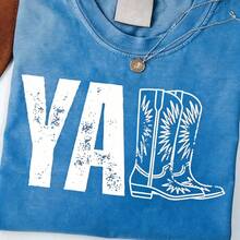 2026 Tops For Women, Washed Cotton Women's T-Shirt, Vintage Western Print Women's T-Shirt, Southern Country Cowgirl Shirt, Cowboy Boot Style, Cute Co - 藍色 - 查看 4