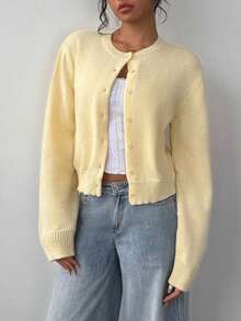 Casual Solid Color Round Neck Long Sleeve Loose Cropped Women Cardigan Sweater, Warm Comfort, Cozy Chic, Daily Commute,Butter Yellow Top In Fall/Winter - 芥末黃 - 查看 1