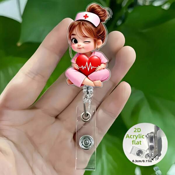 1pc 2D Flat Acrylic Nurse Little Girl ID Card Holder Cute Girl Holding Heart Acrylic Nurse Uniform Girl ID Holder Retractable Badge Reel Durable Tag Ideal For Workplace Identification, Medical Badge Holders Gift For Friends, Family, Or Couples