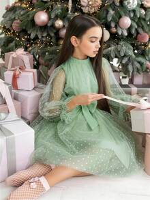 少女黑色波点网纱袖蝴蝶结腰身优雅圣诞派对礼服，公主裙，适合女孩生日派对、宴会、婚礼花童、节日庆典等场合 - 薄荷綠 - 查看 3