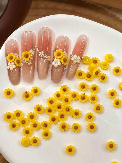 50 piezas Decoraciones de uñas de resina de girasol, accesorios de uñas 3D de margarita frescos y lindos