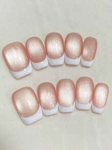 10pcs/Set Short Trapezoid Minimalist Pink Cat Eye French Style Nail Stickers, Removable & Reusable, Suitable For Daily, Holiday, Date, Ideal Gift For Girls And Women, Comes With Nail Kit - Pink - View 9