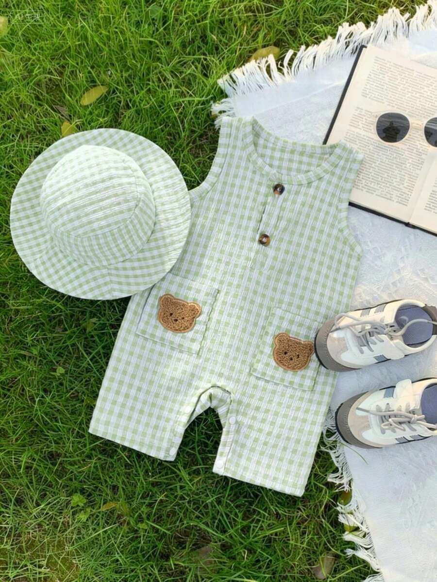2 pièces/set Nouveau body d'été unisexe avec ours décoratif brodé jacquard, col rond - Kaki - Voir 1