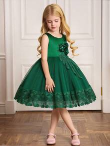 Young Girls Sleeveless Solid Color Round Neck 3D Floral Mesh Splice Elegant Birthday Party Dress, Excluding Headband - Dark Green - View 1