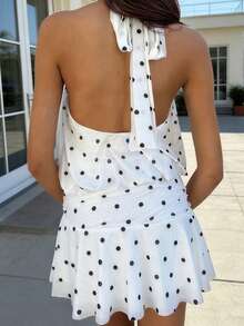 Minivestido sin mangas de lunares para mujer, cuello alto, falda fruncida, corte en A, ideal para fiestas de verano y ocasiones informales. - Blanco - Ver 2