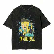 Invincible Erhero Omni Man Washed T Shirts Streetwear Hip Hop Vintage T-Shirts Tees Tops For Men Women Harajuku Printedsummer Outfits For Womengraphic Tees - 黑色 4 - 查看 1