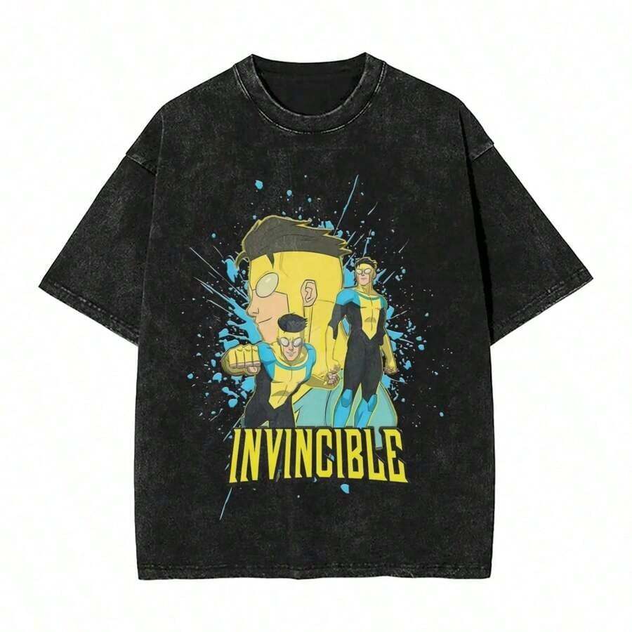 Invincible Erhero Omni Man Washed T Shirts Streetwear Hip Hop Vintage T-Shirts Tees Tops For Men Women Harajuku Printedsummer Outfits For Womengraphic Tees - 黑色 4 - 查看 1