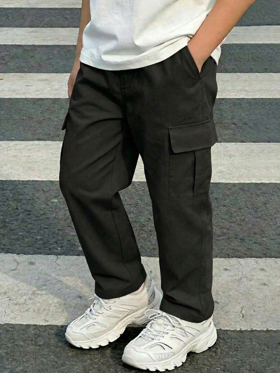 4-7 Years Old Boys' Lightweight Casual Cargo Pants, Loose Fit Multi-Pocket Straight Leg Trousers, Spring/Summer - Black - View 1